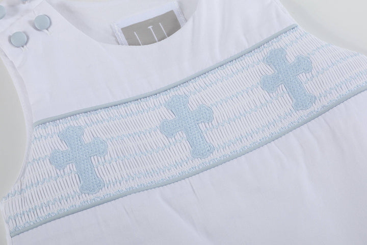 White and Blue Holy Crosses Smocked Overalls - Premium Baby & Toddler Outfits from Lil Cactus - Just $38.95! Shop now at Pat's Monograms
