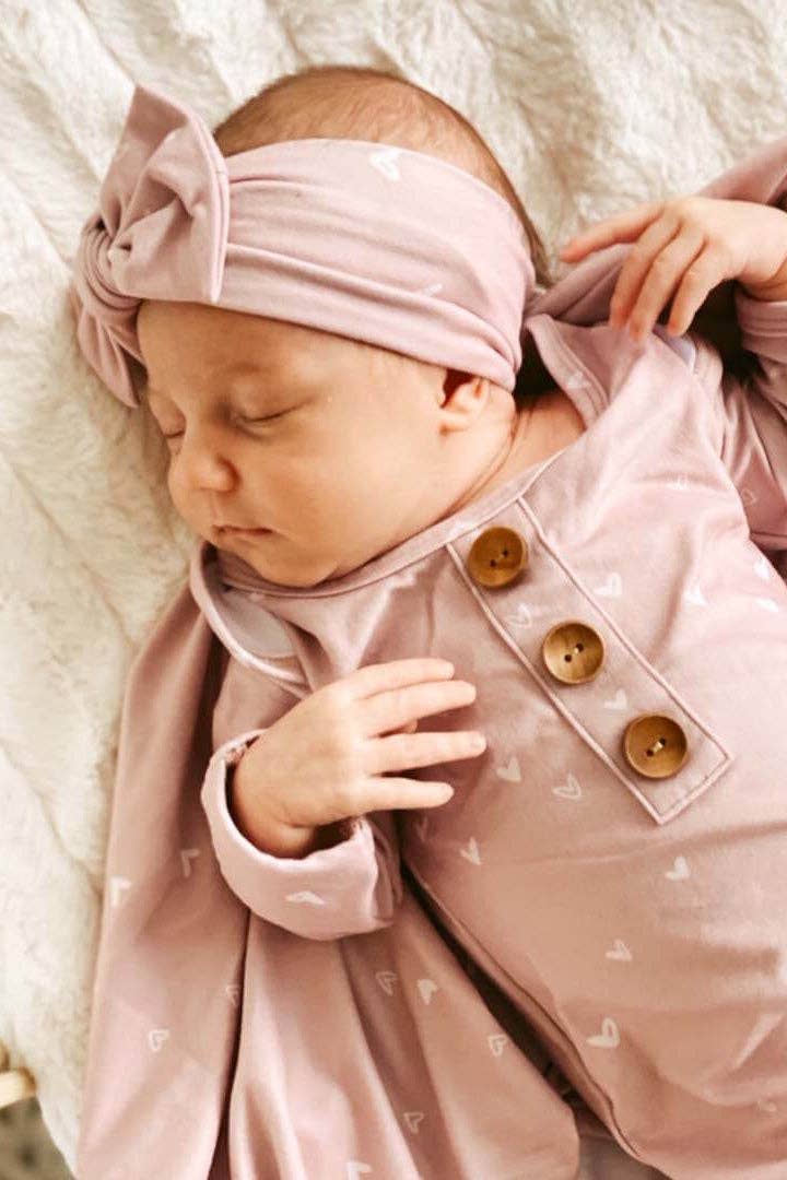 Tiny Hearts in Dusty Pink Newborn Baby Knot Gown & Hat Set