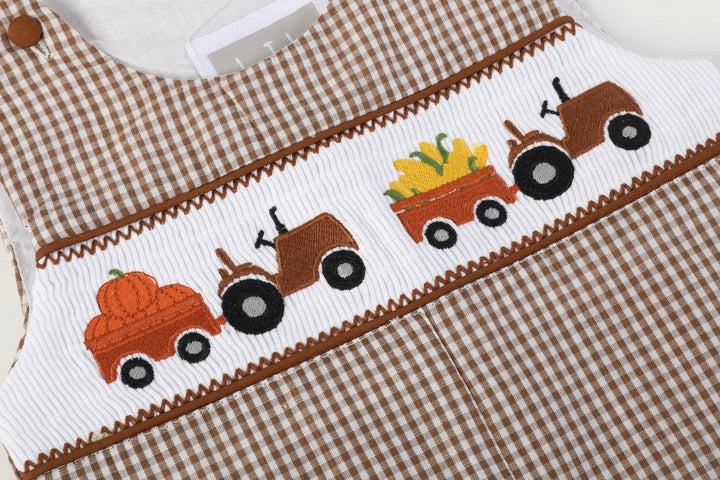 Brown Gingham Pumpkin and Corn Tractor Smocked Overalls - Premium  from Lil Cactus - Just $34.95! Shop now at Pat's Monograms