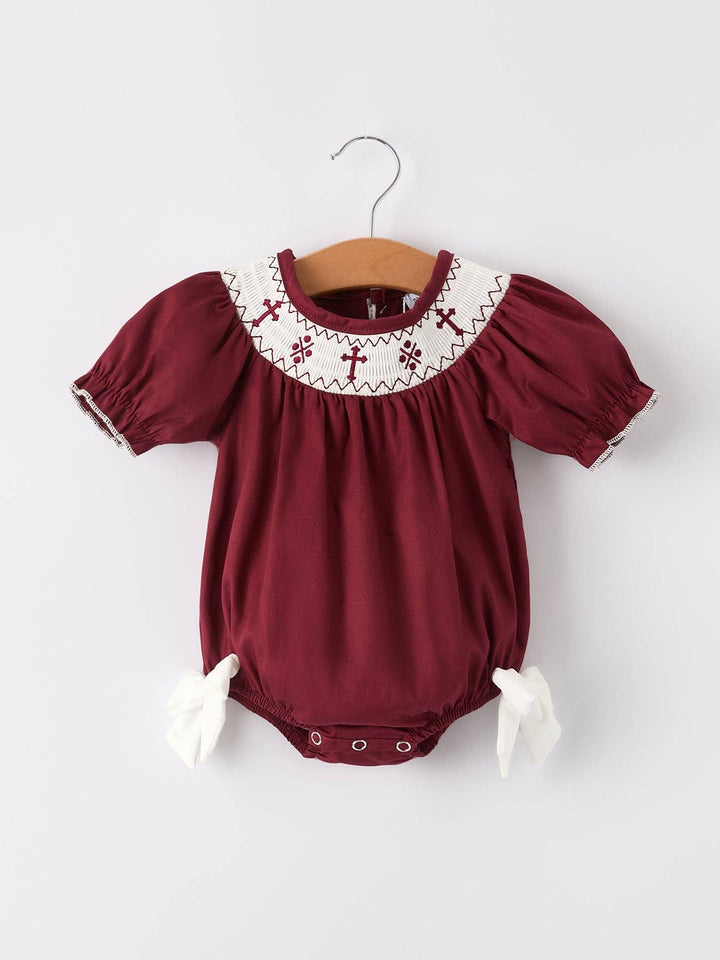 Dark Red Smocked Church Christ Bishop Christening Girls Romper - Premium Baby & Toddler Outfits from Rylee Faith Designs - Just $24.95! Shop now at Pat's Monograms