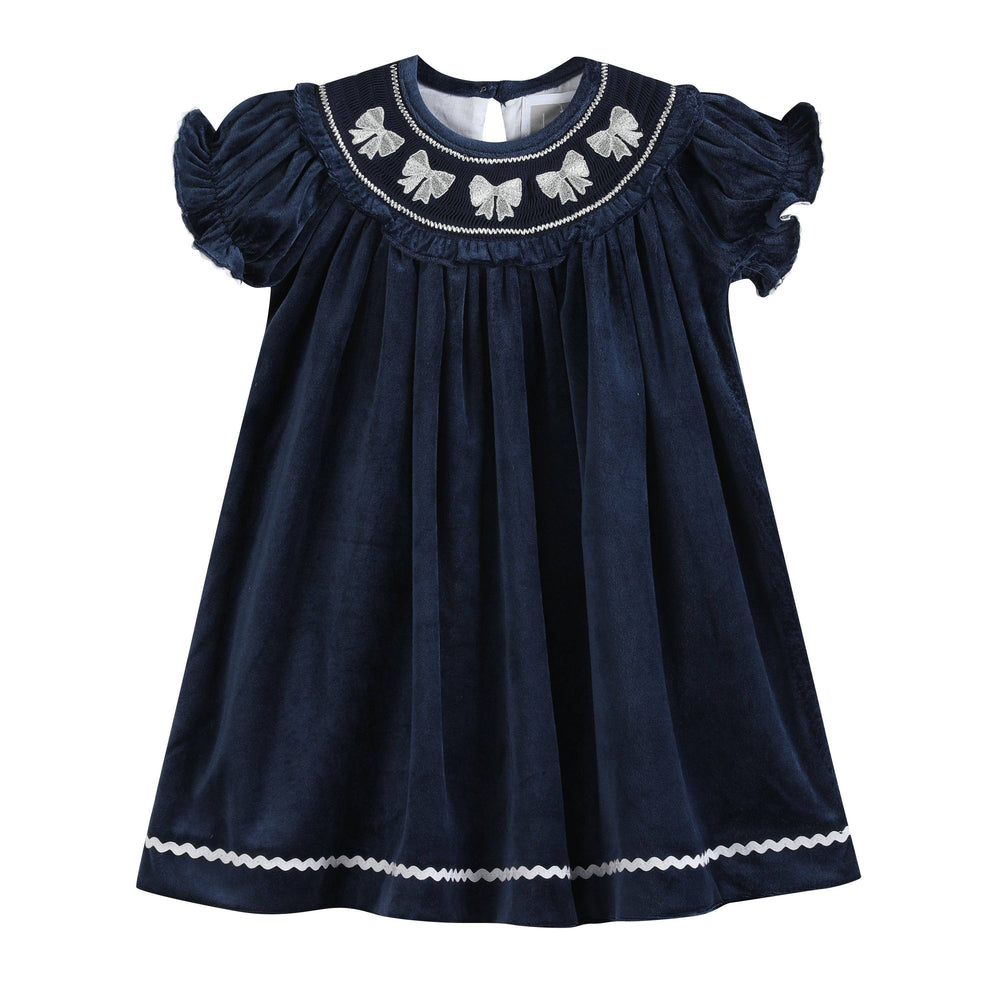 Blue Velvet Silver Bows Smocked Ruffle Bishop Dress - Premium Baby & Toddler Dresses from Lil Cactus - Just $38.95! Shop now at Pat's Monograms