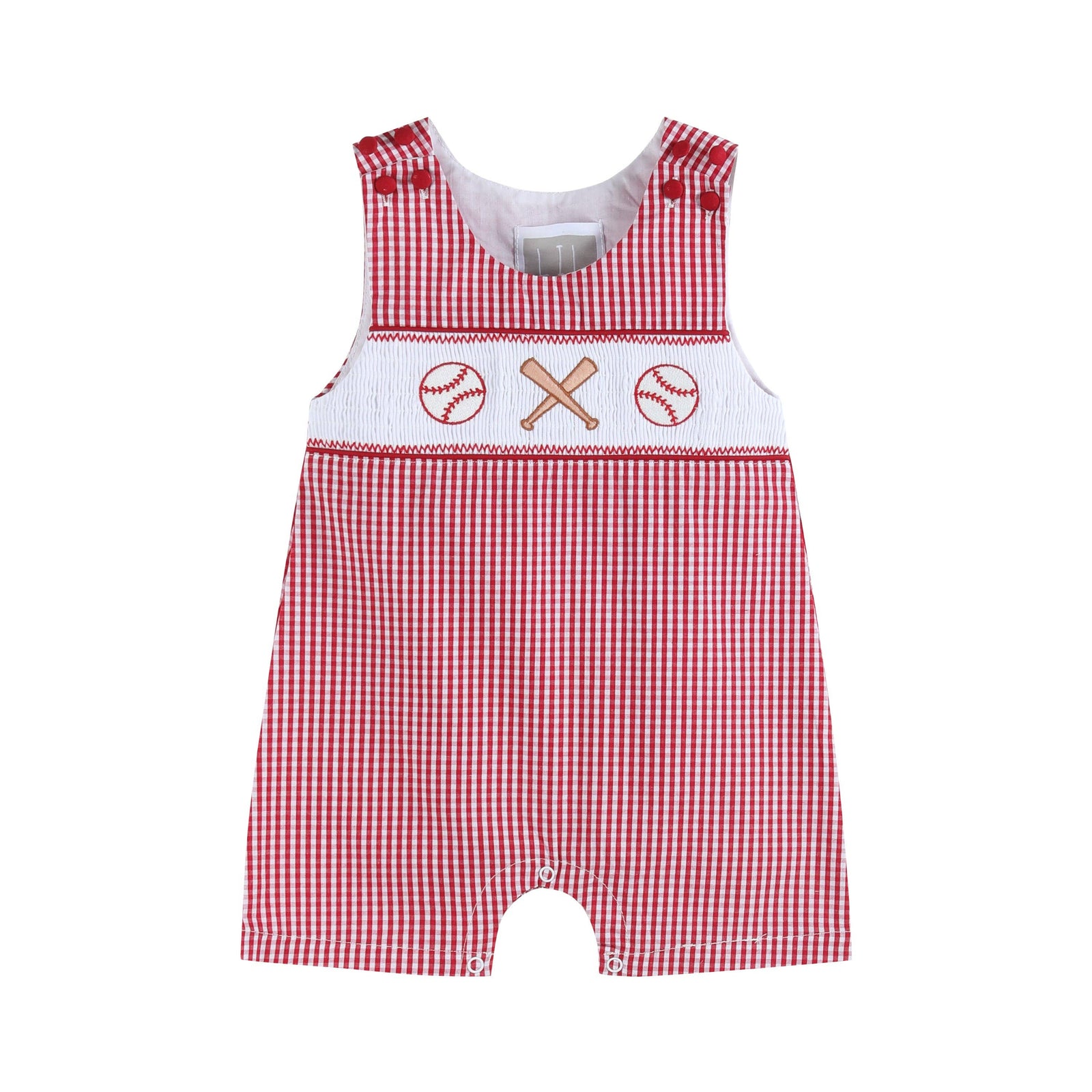 Red Gingham Baseball Smocked Shortalls - Premium Baby & Toddler Outfits from Lil Cactus - Just $38.95! Shop now at Pat's Monograms