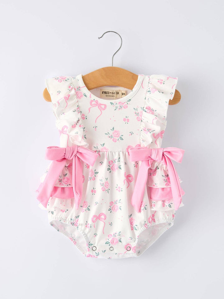 Floral Baby Girls Bow Ruffle Romper - Premium Baby & Toddler Outfits from Rylee Faith Designs - Just $26.95! Shop now at Pat's Monograms