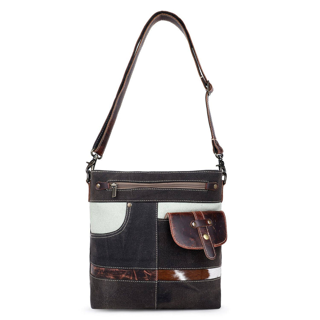 Canvas Cowhide & Leather Women Crossbody - Platinum/ Black - Premium crossbody from Sixtease Bags USA - Just $45! Shop now at Pat's Monograms