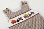Brown Gingham Pumpkin and Corn Tractor Smocked Overalls — Lil Cactus