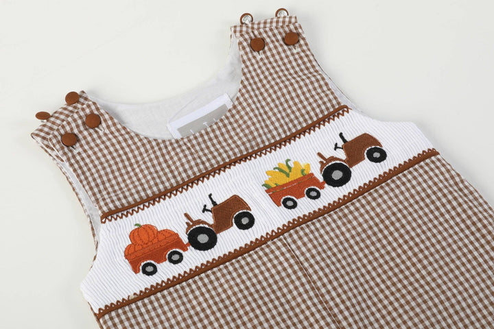 Brown Gingham Pumpkin and Corn Tractor Smocked Overalls - Premium  from Lil Cactus - Just $34.95! Shop now at Pat's Monograms