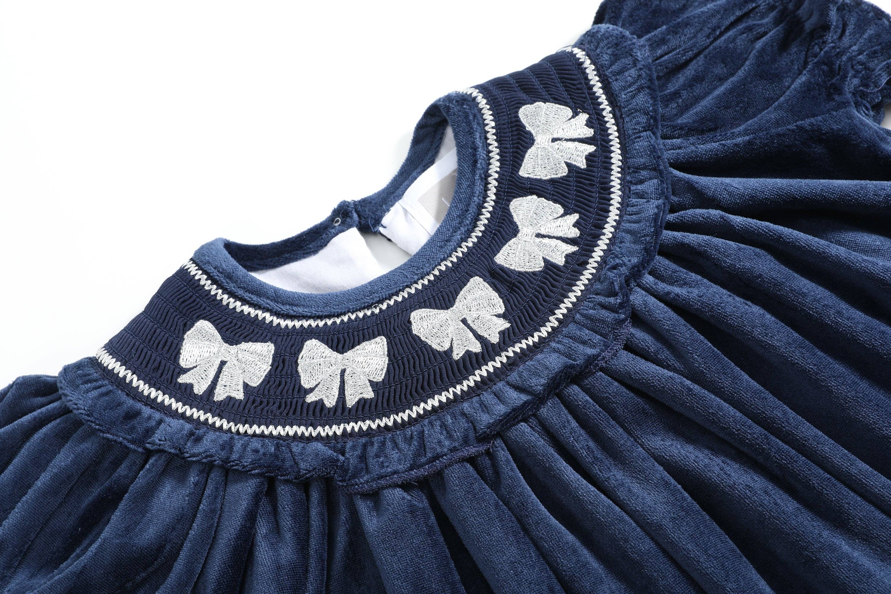 Blue Velvet Silver Bows Smocked Ruffle Bishop Dress - Premium Baby & Toddler Dresses from Lil Cactus - Just $38.95! Shop now at Pat's Monograms