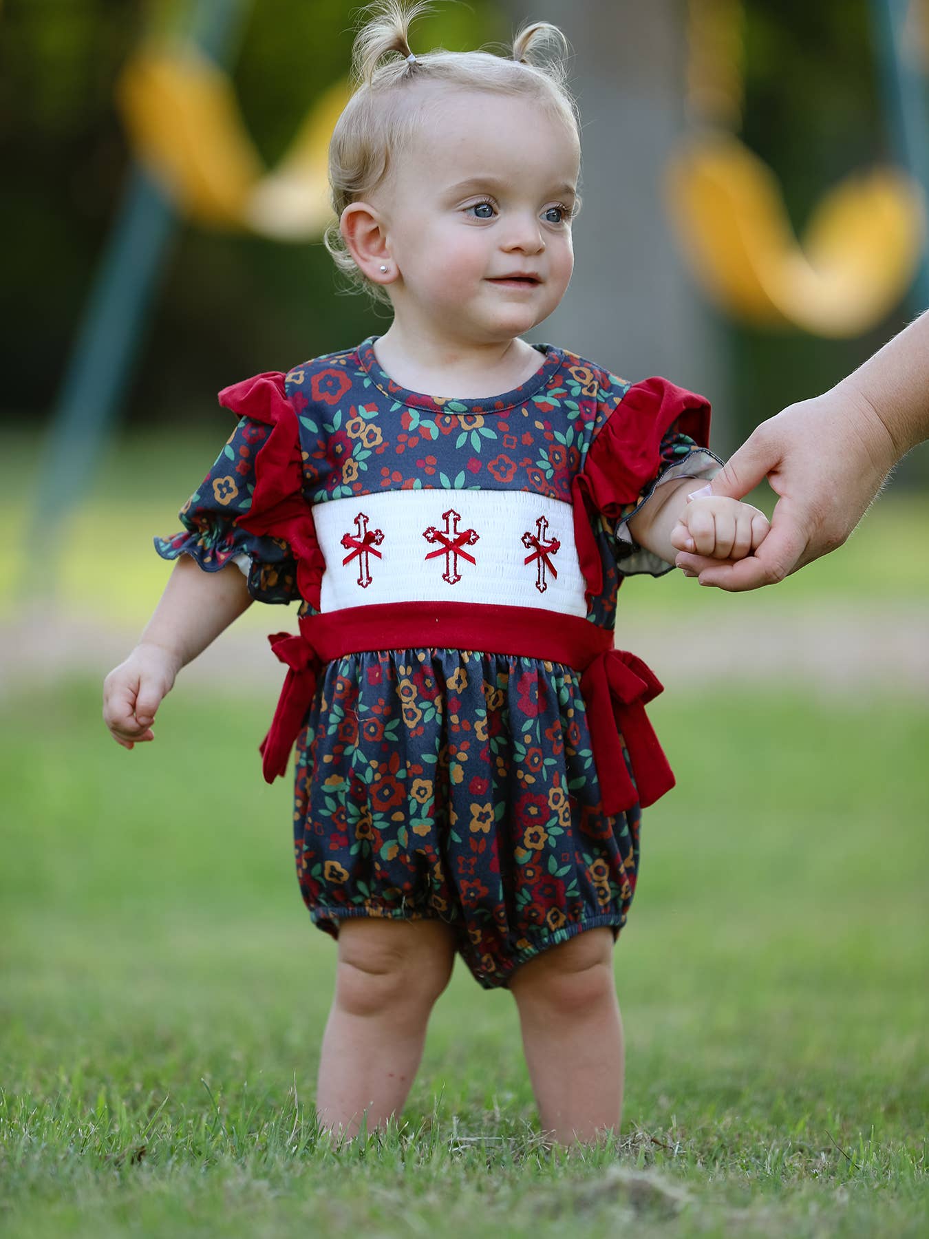 Vintage Floral Smocked Cross Baby Girl Romper - Premium Baby & Toddler Outfits from Rylee Faith Designs - Just $26.95! Shop now at Pat's Monograms