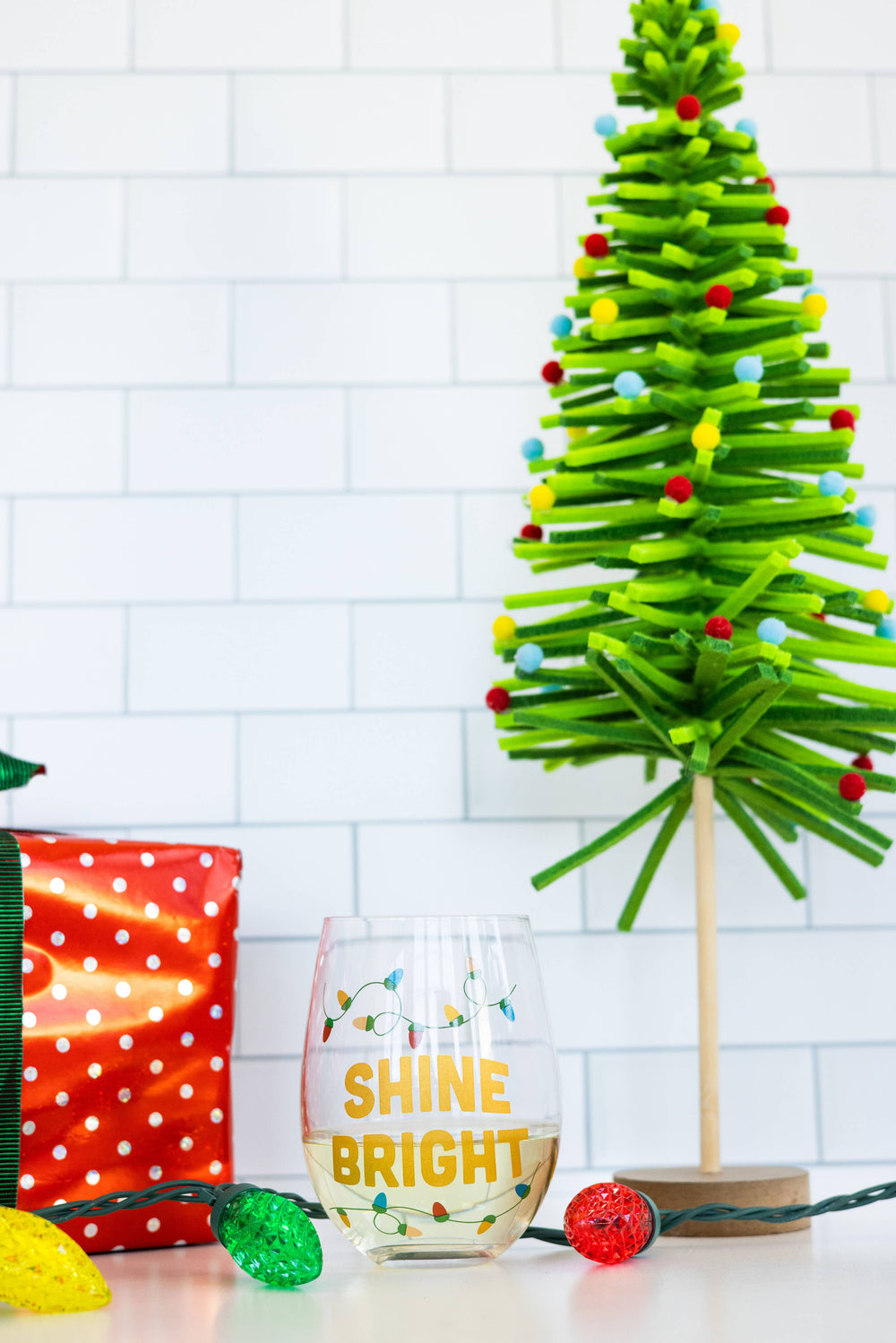 Festive Shine Bright Christmas Stemless Wine Glass - Premium drinkware from Pearhead - Just $7.95! Shop now at Pat's Monograms