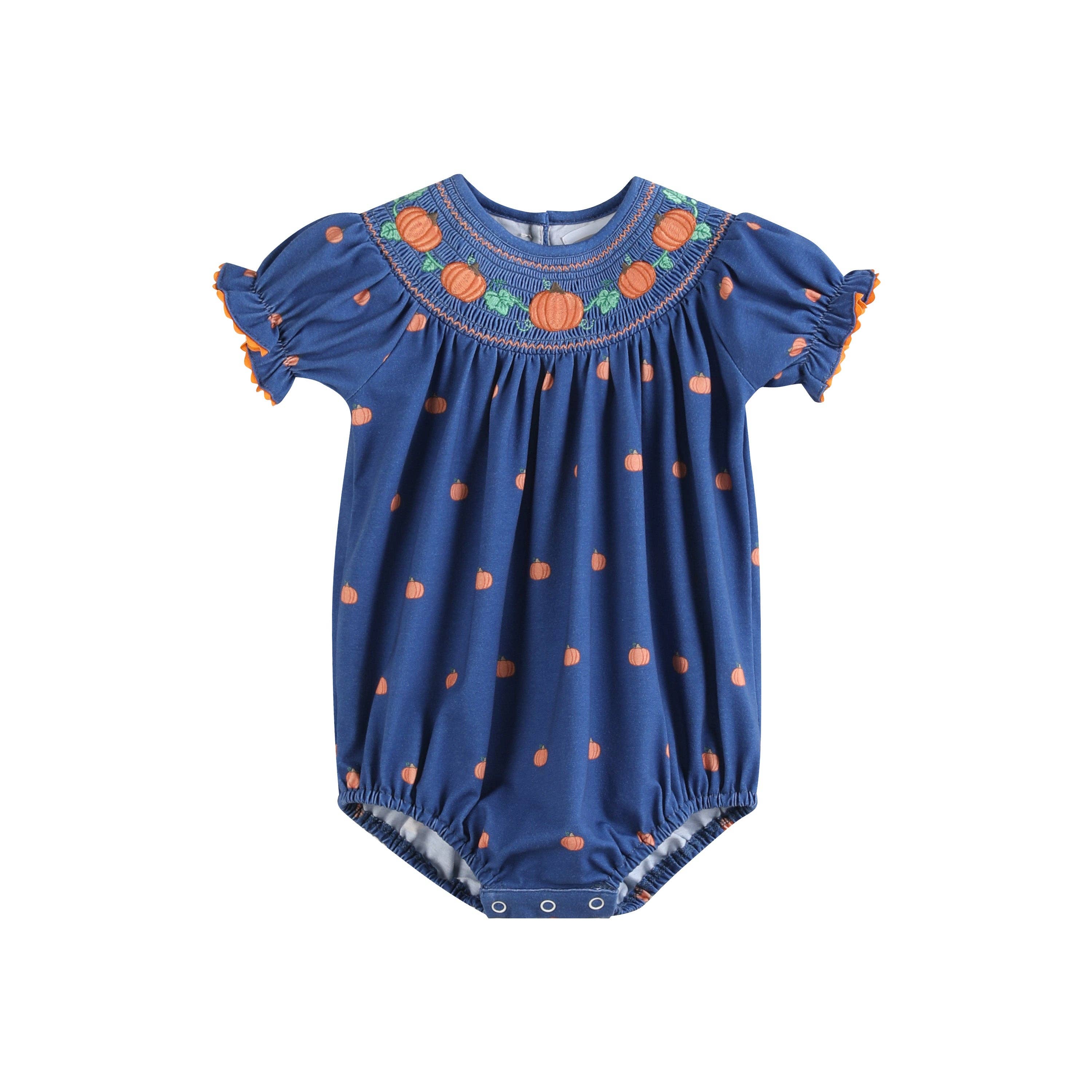 Blue Pumpkin Print Knit Smocked Romper - Premium  from Lil Cactus - Just $36! Shop now at Pat's Monograms