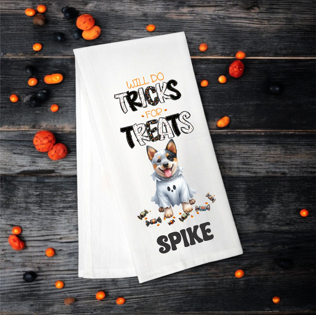 "Will Do Tricks for Treats" Halloween Towel with your Fav Dog Breed - Premium Kitchen Towel from Pat's Monograms - Just $12.95! Shop now at Pat's Monograms