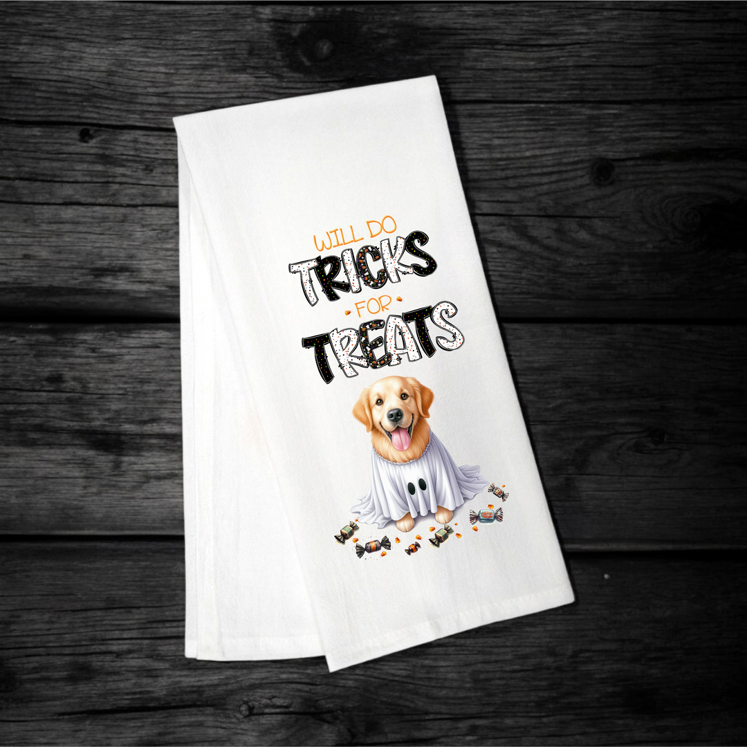 "Will Do Tricks for Treats" Halloween Towel with your Fav Dog Breed - Premium Kitchen Towel from Pat's Monograms - Just $12.95! Shop now at Pat's Monograms