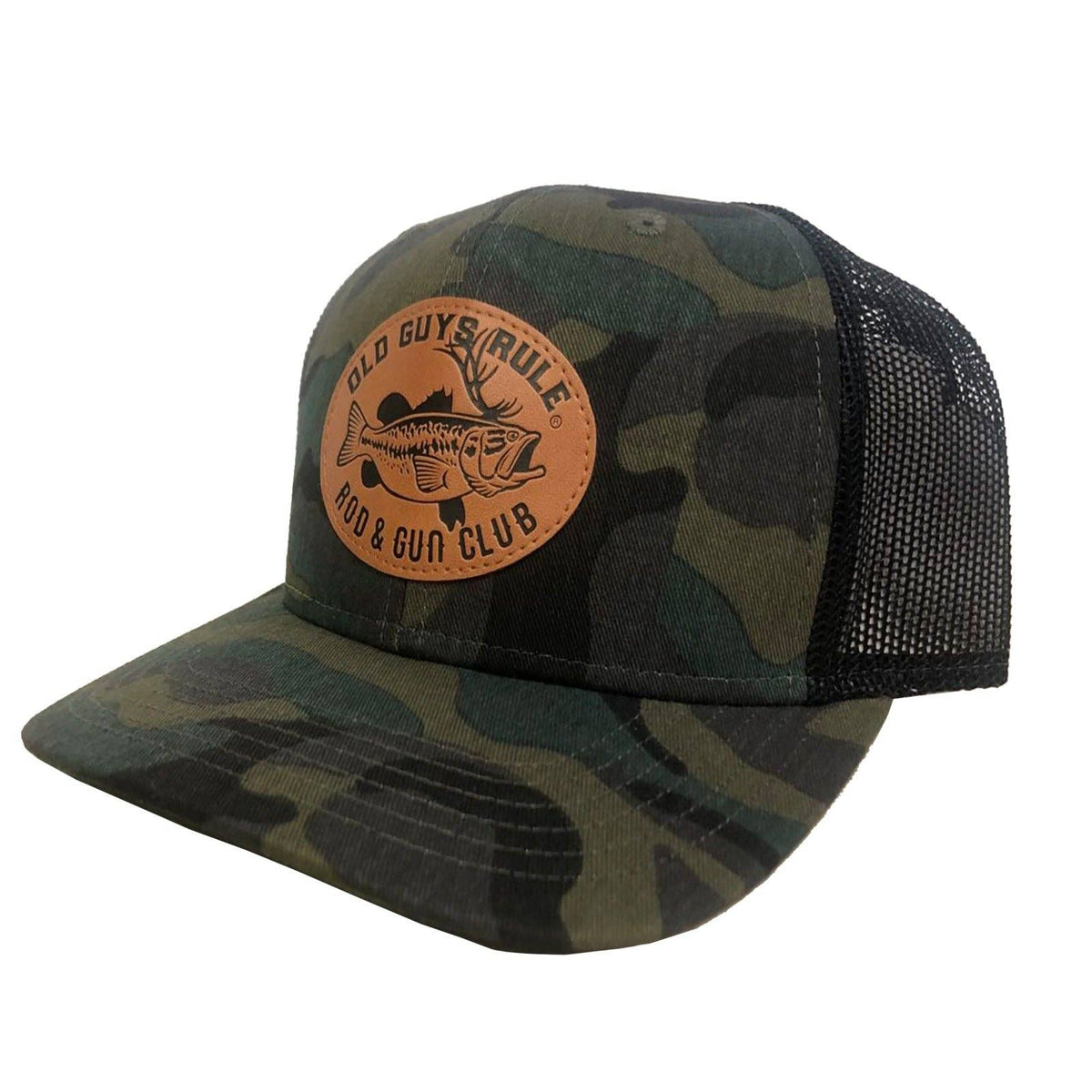 Camouflage trucker hat with a leather patch on a white background
