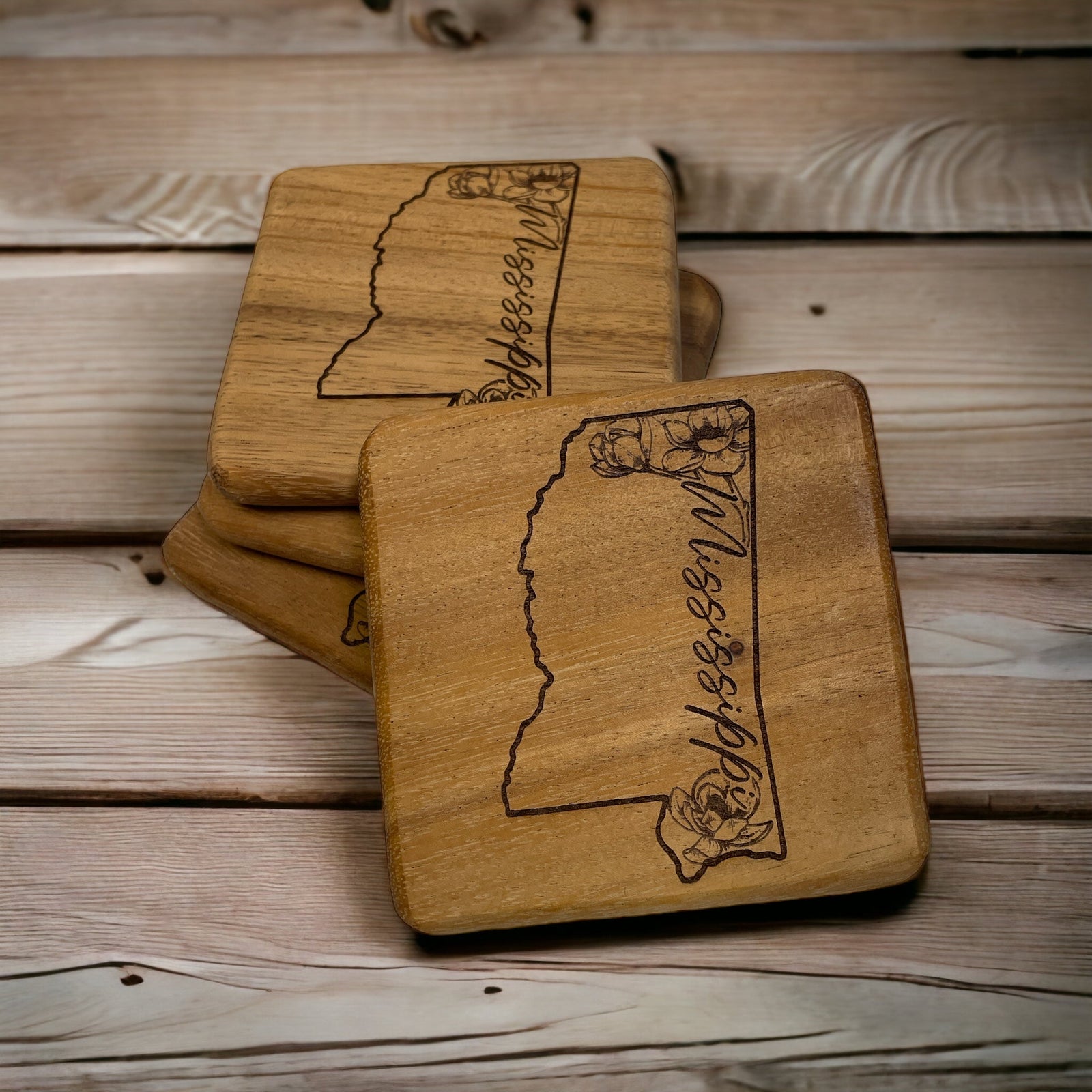 MS Magnolia Coasters - Solid Walnut - Premium  from Pat's Monograms - Just $26.95! Shop now at Pat's Monograms