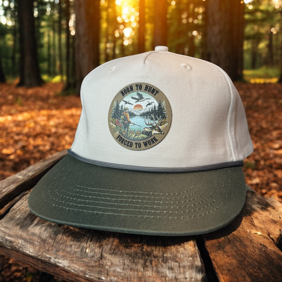 Born to Hunt Forced to Work Patch Hat - Premium Hat from Pat's Monograms - Just $32.95! Shop now at Pat's Monograms