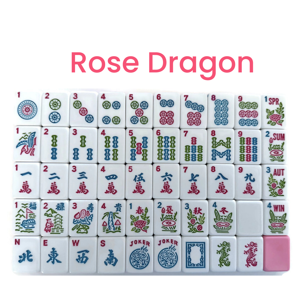 A set of Mahjong tiles arranged in a grid on a white background, with the text 'Rose Dragon' in pink at the top. The tiles are white with multicolored Chinese characters and symbols, and one pink tile is visible in the bottom-right corner.