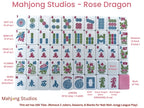 Collection of Mahjong tiles with various symbols and designs on a white background, branded as Mahjong Studios - Rose Dragon.
