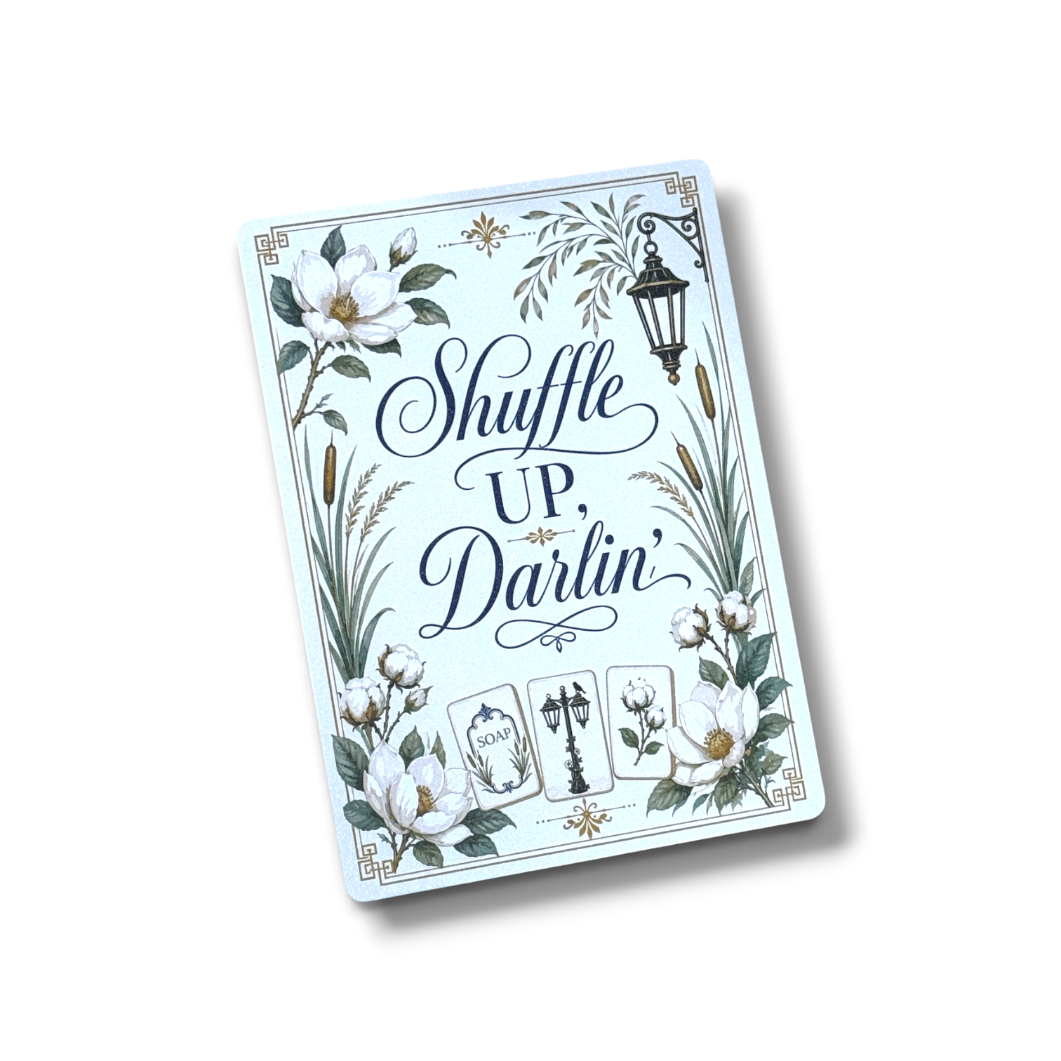 Single Shuffle Up, Darlin' mahjong shuffler, 5 by 7 inches, navy script on cream with a gold Greek key border and magnolia blossoms