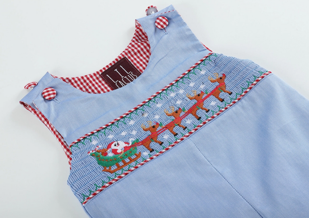 Lil Cactus - Light Blue Smocked Santa and Sleigh Overalls - Premium Baby & Toddler Outfits from Lil Cactus - Just $32.95! Shop now at Pat's Monograms