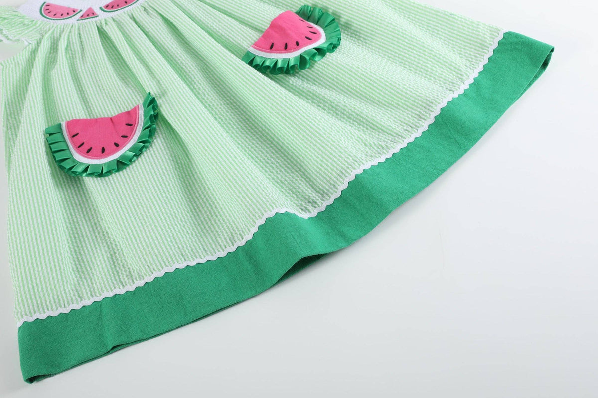 Green Seersucker Watermelon Smocked Bishop Dress — Lil Cactus Baby & Toddler Dresses