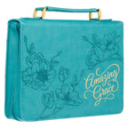 Amazing Grace Floral Teal Faux Leather Bible Cover — Christian Art Gifts Books and Devotionals