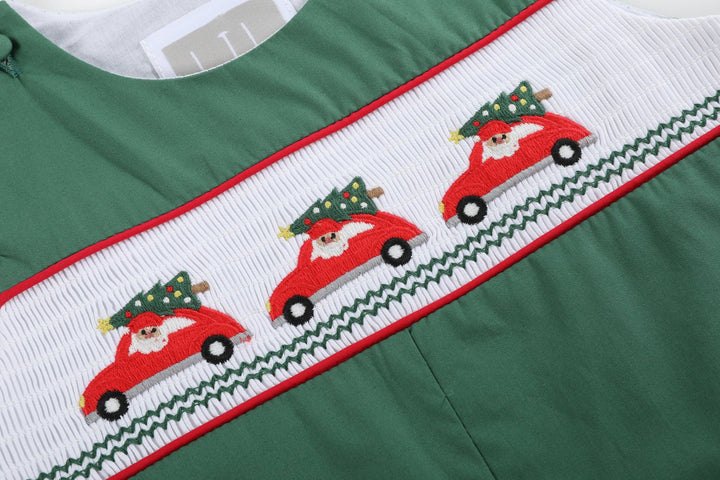 Green Santa Car Christmas Smocked Overalls - Premium Baby & Toddler Outfits from Lil Cactus - Just $36.95! Shop now at Pat's Monograms