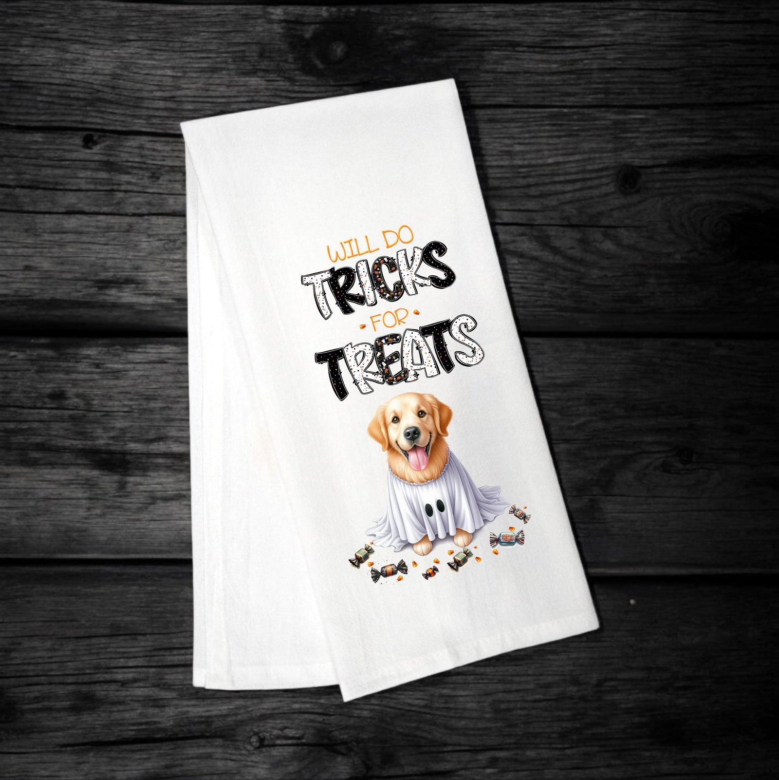 Golden Retriever Tea Towel – Will Do Tricks For Treats - Premium Kitchen Towel from Pat's Monograms - Just $14.95! Shop now at Pat's Monograms