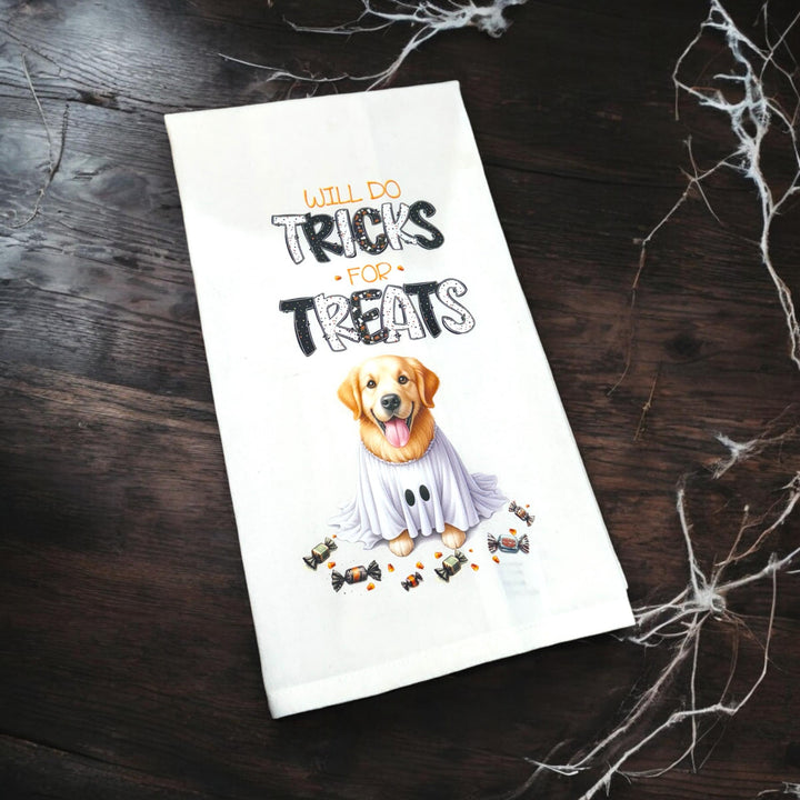 Golden Retriever Tea Towel – Will Do Tricks For Treats - Premium Kitchen Towel from Pat's Monograms - Just $14.95! Shop now at Pat's Monograms