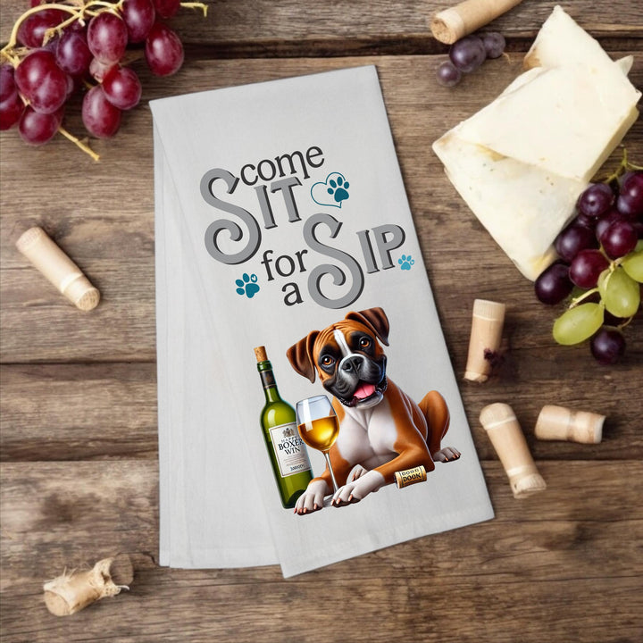 Boxer Dog "Come Sit for a Sip" Tea Towel - Premium Kitchen Towel from Pat's Monograms - Just $14.95! Shop now at Pat's Monograms