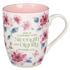 Mug Pink Floral Strength & Dignity Prov. 31:25 — Christian Art Gifts drinkware