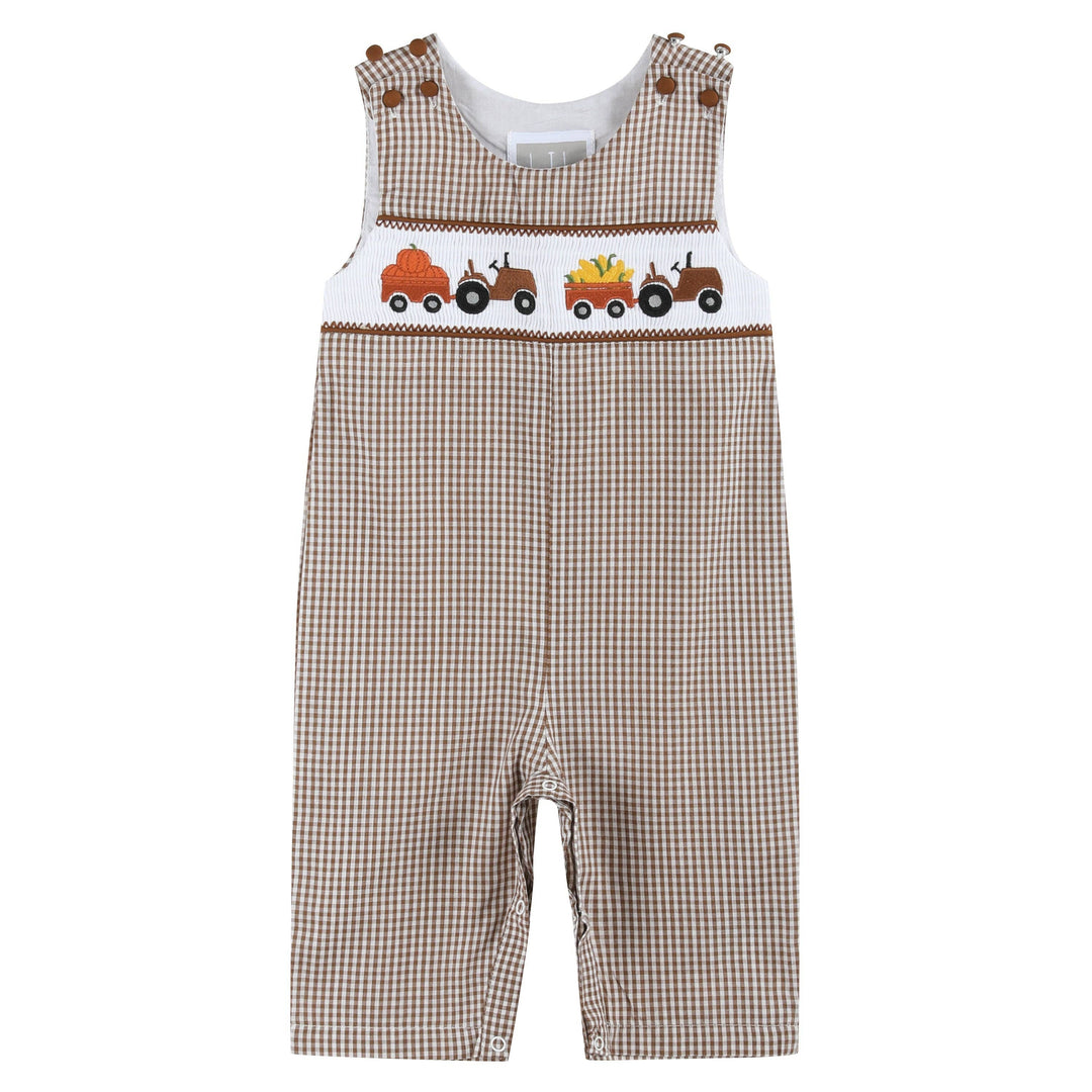 Brown Gingham Pumpkin and Corn Tractor Smocked Overalls - Premium  from Lil Cactus - Just $34.95! Shop now at Pat's Monograms