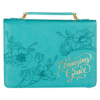 Amazing Grace Floral Teal Faux Leather Bible Cover — Christian Art Gifts Books and Devotionals
