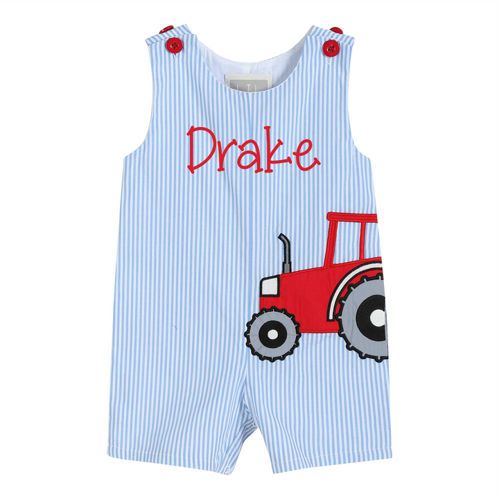 Lil Cactus - Light Blue Pinstripe Tractor Applique Shortalls - Premium Baby & Toddler Outfits from Lil Cactus - Just $28.95! Shop now at Pat's Monograms