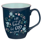 God is Good Navy Floral Ceramic Coffee Mug — Christian Art Gifts gift item