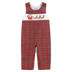 Red Christmas Plaid Santa Sleigh Smocked Overalls — Lil Cactus